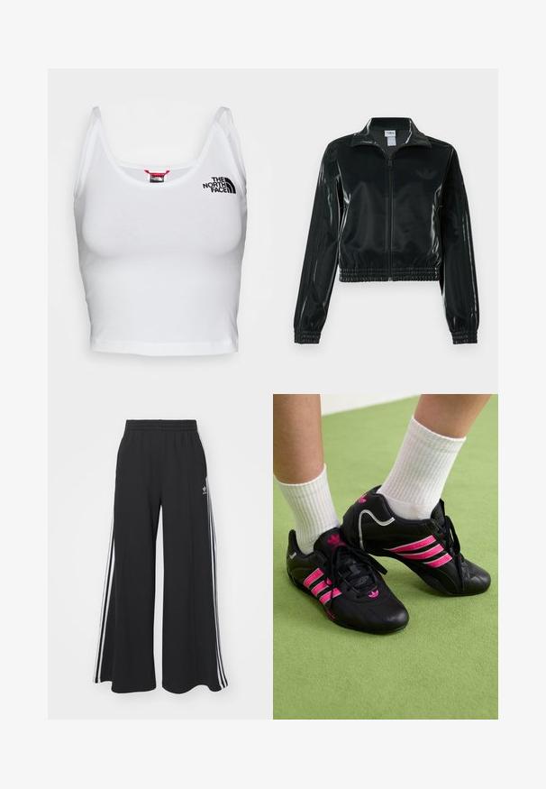 Black glossy cropped jacket with a zip front, high collar, and elasticized hem. Features three stripes on sleeves and a small logo on the chest.; White crop top made of cotton with a smooth texture. Features narrow straps and a small black logo of "The North Face" on the chest.; Black wide-leg sweatpants with an elastic waistband, featuring white side stripes and an embroidered logo on the left thigh.; Black athletic shoes with three pink stripes, textured leather upper, black laces, and logo detail, paired with white ribbed socks on green surface.