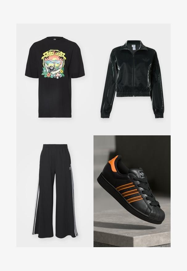 Melna spīdīga īsā jaka ar rāvējslēdzēja priekšpusi, augstu apkakli un elastīgu apakšu. Piedevas ir trīs svītras uz piedurknēm un neliels logotips uz krūtīm.; Melna kokvilnas t-kreklu ar krāsainu grafiku, kurā ir saulriets, bambuss un dažādi augi, tostarp yin-yang simbols un sēnes.; Melnas plašas sporta bikses ar elastīgu jostasvietu, kurām ir baltas sānu svītras un izšūts logo kreisajā augšstilbā.; Melnas kedas ar oranžiem akcentiem, trīs horizontālas svītras, teksturēts ādas augšdaļa, gumijas purngala daļa un melnas auklas.
