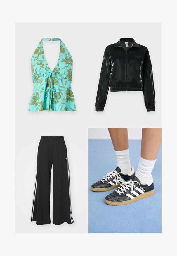 Melna spīdīga īsā jaka ar rāvējslēdzēja priekšpusi, augstu apkakli un elastīgu apakšu. Piedevas ir trīs svītras uz piedurknēm un neliels logotips uz krūtīm.; Ziedu apģērbs ar halter griezumu tirkīza krāsā ar zaļām ziedu apdrukām. V-veida kakla izgriezums ar regulējamu aukliņu detalizāciju priekšpusē. Viegls audums.; Melnas plašas sporta bikses ar elastīgu jostasvietu, kurām ir baltas sānu svītras un izšūts logo kreisajā augšstilbā.; Melnas ādas sporta apavus ar baltām svītrām, apaļu purngalu, baltām auklām un gumijas zoli. Izceļas ar mīksto apkakli un zīmola detaļām.