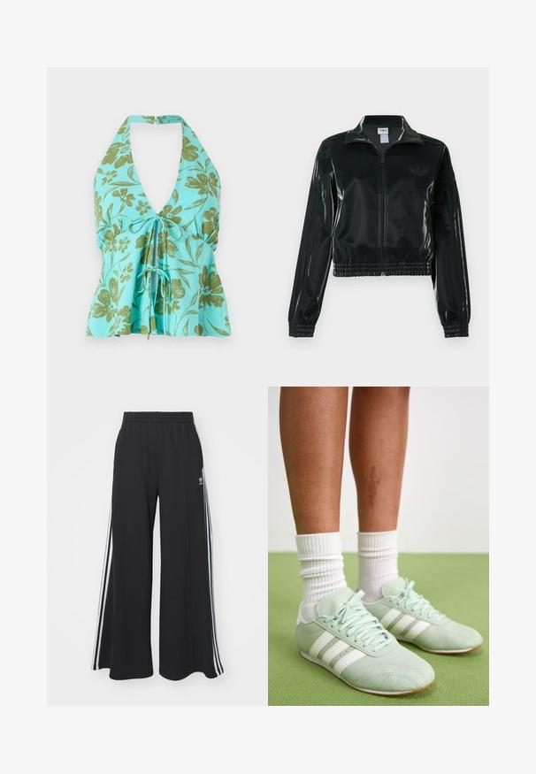 Black glossy cropped jacket with a zip front, high collar, and elasticized hem. Features three stripes on sleeves and a small logo on the chest.; Floral halter top in turquoise with green floral print. V-neck design with adjustable drawstring detail at the front. Lightweight fabric.; Black wide-leg sweatpants with an elastic waistband, featuring white side stripes and an embroidered logo on the left thigh.; Mint green athletic shoes with white stripes, smooth leather texture, rounded toe, and rubber outsole, paired with white ribbed socks.