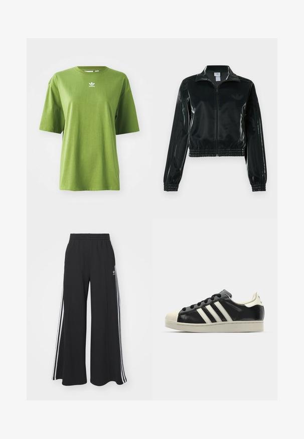 Chaqueta corta negra brillante con cremallera en el frente, cuello alto y dobladillo elástico. Presenta tres rayas en las mangas y un pequeño logo en el pecho.; Camiseta de algodón verde con mangas cortas, escote redondo y logo de Adidas en blanco en el pecho. Textura suave, corte relajado.; Pantalones de chándal negros de pierna ancha con una cinturilla elástica, que presentan franjas blancas a los lados y un logo bordado en el muslo izquierdo.; Zapatilla de cuero negro con rayas blancas, puntera de goma, cordones negros y suela color crema. Textura suave con acabado brillante.