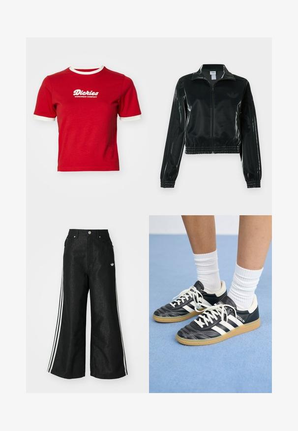 Sort blank cropped jakke med glidelås foran, høy krage og elastisk nederkant. Har tre striper på ermene og en liten logo på brystet.; Rød bomulls T-skjorte med hvite kontrasterende ribbede mansjetter og halslinning. Har "Dickies Workwear Company" logo i hvitt på forsiden.; Sorte vide benbukser med tre hvite striper på hver side og en liten hvit logo. Har frontlommer og knappelukking.; Sorte lærersneakers med hvite striper, rund tå, hvite snørebånd og såle av gummigummi. Fremhevet med polstret krage og merkeinfos.