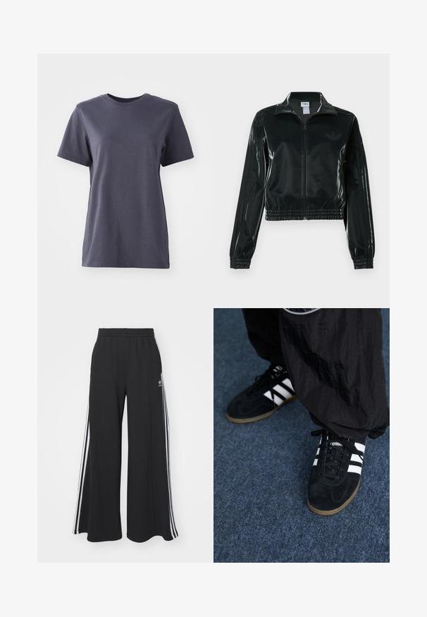 Sort, glinsende cropped jakke med lynlås foran, høj krave og elastisk kant. Har tre striber på ærmerne og et lille logo på brystet.; Kortærmet t-shirt i mørkegrå bomuld, rund hals, glat tekstur, lige kant, ingen synlige mønstre eller hardware-detaljer.; Sorte brede sweatpants med elastisk talje, med hvide sidelommer og et broderet logo på venstre lår.; Sorte suedetrainingssko med tre hvide striber og sorte snørebånd. Et tekstureret sort bukser er delvist synligt ved siden af skoene.