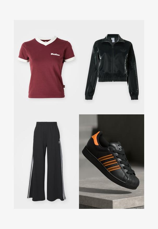 Svart glansig kort jacka med dragkedja framtill, hög krage och elastisk nederkant. Har tre ränder på ärmarna och en liten logga på bröstet.; Burgundy V-ringad t-shirt med vit ribbad krage och ärmslut. Har en vit "Dickies" logotyp på vänster bröst. Tillverkad av bomull, med en figurnära passform.; Svarta vida sweatpants med elastisk midje, med vita sidosträck och en broderad logotyp på vänster lår.; Svart sneakers med orange detaljer, tre horisontella ränder, texturerad läderöverdel, gummitåhuvud och svarta snören.