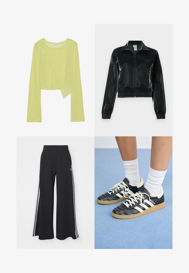 Black glossy cropped jacket with a zip front, high collar, and elasticized hem. Features three stripes on sleeves and a small logo on the chest.; Lime green long-sleeve crop top with a round neckline and an asymmetrical hem. Lightweight, ribbed texture with decorative stitching details.; Black wide-leg sweatpants with an elastic waistband, featuring white side stripes and an embroidered logo on the left thigh.; Black leather sneakers with white stripes, round toe, white laces, and gum rubber sole. Accentuated by padded collar and branding details.