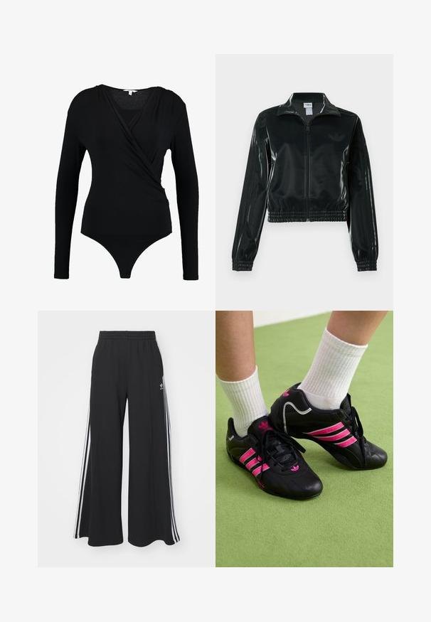 Giacca nera lucida corta con zip frontale, colletto alto e orlo elasticizzato. Presenta tre strisce sulle maniche e un piccolo logo sul petto.; Body nero a maniche lunghe con design avvolgente, caratterizzato da una texture liscia e scollatura a V profonda. La parte inferiore offre copertura a perizoma.; Pantaloni in felpa neri a gamba larga con vita elastica, dotati di strisce bianche sui lati e un logo ricamato sulla coscia sinistra.; Scarpe da ginnastica nere con tre strisce rosa, tomaia in pelle texture, lacci neri e dettaglio del logo, abbinate a calze bianche a coste su una superficie verde.