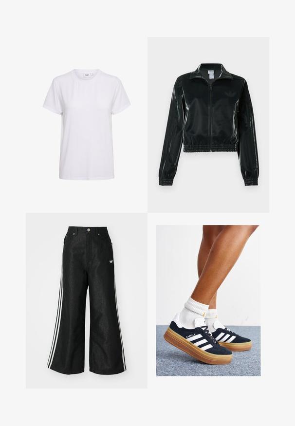 Black glossy cropped jacket with a zip front, high collar, and elasticized hem. Features three stripes on sleeves and a small logo on the chest.; Short-sleeve white T-shirt made of soft cotton. Features a crew neck and a simple, seamless design without embellishments or patterns.; Black wide-leg denim pants with three white stripe accents on each side and a small white logo. Features front pockets and a button closure.; Black suede sneakers with white stripes and accents, rounded toe, gum rubber outsole, paired with white ribbed crew socks.