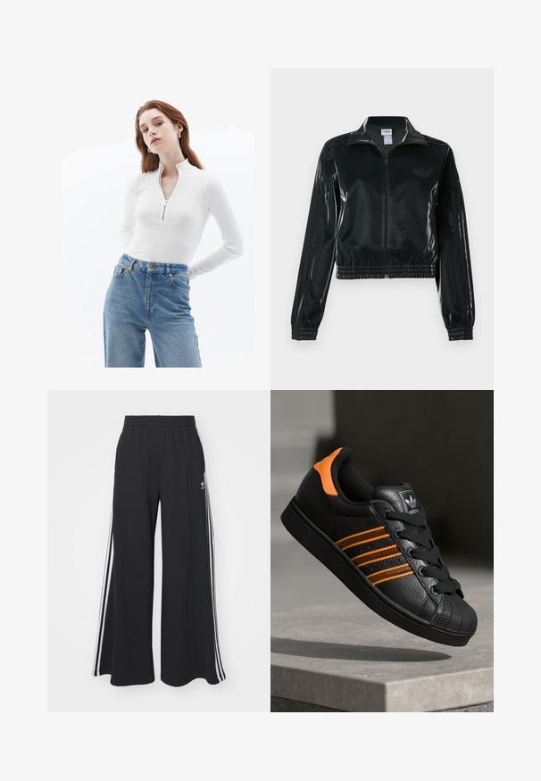 Giacca nera lucida corta con zip frontale, colletto alto e orlo elasticizzato. Presenta tre strisce sulle maniche e un piccolo logo sul petto.; Top bianco con zip e maniche lunghe in tessuto a coste, abbinato a jeans in denim azzurro chiaro a vita alta con un effetto scolorito e tasche standard.; Pantaloni in felpa neri a gamba larga con vita elastica, dotati di strisce bianche sui lati e un logo ricamato sulla coscia sinistra.; Sneaker nera con accenti arancioni, tre strisce orizzontali, parte superiore in pelle texture, punta in gomma e lacci neri.