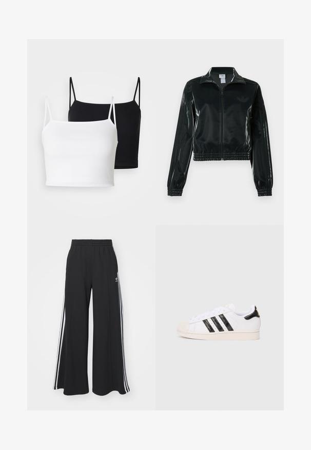 Zwarte glanzende cropped jas met een ritssluiting aan de voorkant, hoge kraag en elastische zoom. Voorzien van drie strepen op de mouwen en een klein logo op de borst.; Twee geribbelde camisoles in het wit en zwart, met dunne verstelbare bandjes en een cropped ontwerp. Zachte stof met een gladde textuur.; Zwarte wijde sweatpants met een elastische tailleband, met witte zijstrepen en een geborduurd logo op de linker dij.; Witte sneaker met zwarte gestructureerde strepen en accenten; heeft een rubberen neuskap, platte veters en demping rond de enkel.