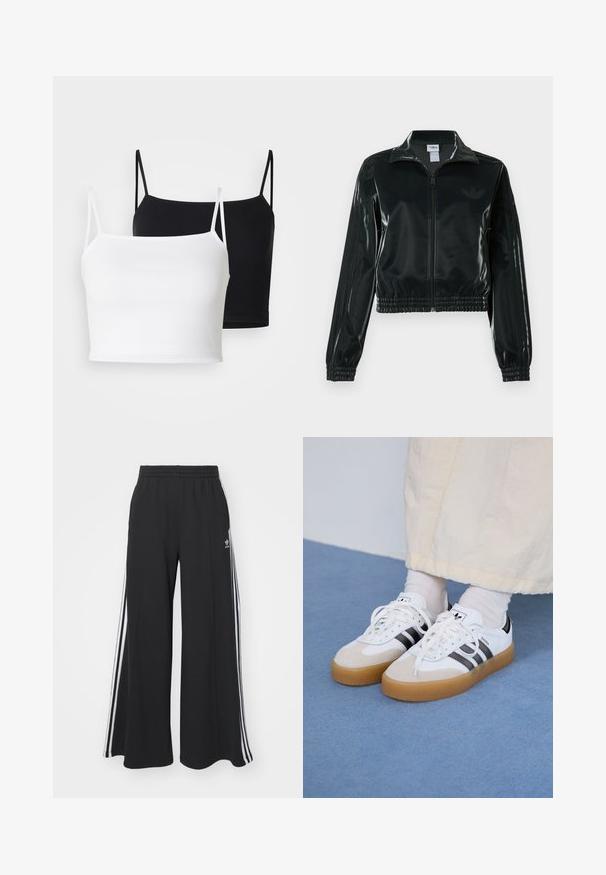 Jachetă neagră lucioasă, scurtă, cu fermoar frontal, guler înalt și tiv elastic. Are trei dungi pe mâneci și un mic logo pe piept.; Două camisole cu nervuri, în alb și negru, cu bretele subțiri și ajustabile și un design scurt. Material moale cu o textură netedă.; Pantaloni de trening negri cu croială largă, prevăzuți cu un brâu elastic, având dungi laterale albe și un logo brodat pe coapsa stângă.; Adidași albi cu dungi negre și accente din suede bej. Au talpă din cauciuc texturat și șireturi albe plate, purtați cu șosete de culori deschise.