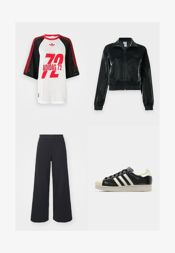 Juoda blizgi trumpa striukė su užtrauktuku priekyje, aukštu apykakliu ir elastine apačia. Rankovėse trys dryžiai ir mažas logotipas ant krūtinės.; Trumpo rankovės sportinis marškinėliai iš tinklelio su juodomis rankovėmis, raudonomis juostomis, raudonu "72 ADIDAS" tekstu ir raudonu Adidas logotipu baltame priekinio skydelyje.; Juoda plačių kojų sportinė kelnė, pagaminta iš minkštos medžiagos, su elastinga juosmens juosta ir mažu logotipu kairėje pusėje.; Juodi odiniai sportiniai bateliai su baltais dryžiais, guminis toe kapas, juodi raišteliai ir kreminis padas. Lygus pavirčius su blizgiu finišu.