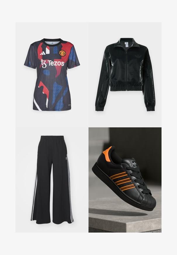 Must läikiv lühike jakk lukuga esiküljel, kõrge krae ja elastse äärega. Varrukatel on kolm triipu ja rinnal väike logo.; Manchester United’i tumedast jersey, millel on punased ja sinised geomeetrilised mustrid, lühikesed varrukad, ümmargune kaelus ja sponsori logo ees.; Mustad laiad trenni püksid elastse vöökohtaga, millel on valged küljeribad ja tikitud logo vasakul reiel.; Mustad mustad mustad oranzhides üksikasjad, kolm horisontaalset triipu, tekstureeritud nahk pealisosa, kummist varbaosa ja mustad paelad.