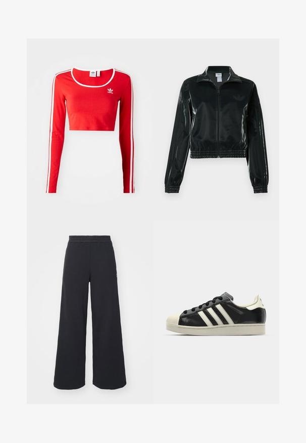 Casaco curto preto brilhante com fecho de correr frontal, gola alta e bainha elástica. Apresenta três riscas nas mangas e um pequeno logotipo no peito.; Top cropped de manga longa vermelho, feito de tecido macio, com decote redondo, riscas laterais brancas e um pequeno logótipo branco no peito.; Calças de fato largas, pretas, feitas de tecido macio, com uma cintura elástica e um pequeno logótipo do lado esquerdo.; Sapatilha de couro preto com riscas brancas, biqueira de borracha, atacadores pretos e sola na cor creme. Textura suave com acabamento brilhante.