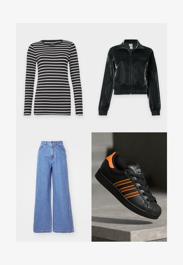 Black glossy cropped jacket with a zip front, high collar, and elasticized hem. Features three stripes on sleeves and a small logo on the chest.; Black long-sleeve top featuring horizontal white stripes, round neck, and fitted design. Made of soft fabric with a smooth texture.; adidas Originals Straight leg jeans - light denim; Black sneaker with orange accents, three horizontal stripes, textured leather upper, rubber toe cap, and black laces.