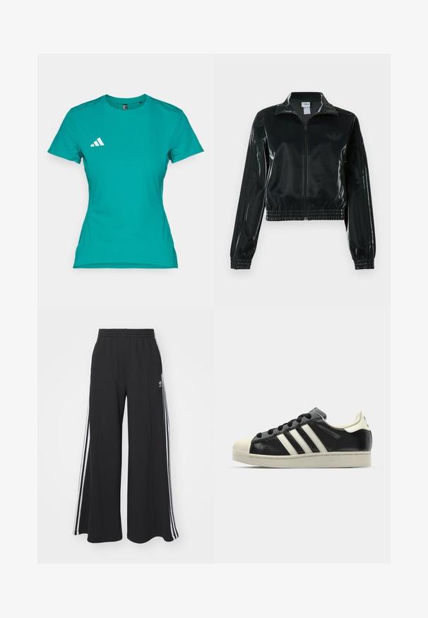 Casaco curto preto brilhante com fecho de correr frontal, gola alta e bainha elástica. Apresenta três riscas nas mangas e um pequeno logotipo no peito.; T-shirt atlético em turquesa feito de um tecido leve. Apresenta mangas curtas e um logótipo branco na área do peito esquerdo.; Calças de suor largas e pretas com uma cintura elástica, apresentando riscas brancas nas laterais e um logótipo bordado na coxa esquerda.; Sapatilha de couro preto com riscas brancas, biqueira de borracha, atacadores pretos e sola na cor creme. Textura suave com acabamento brilhante.