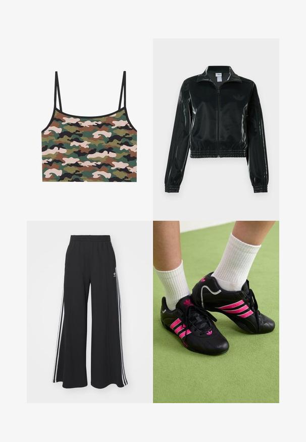 Sort, glinsende cropped jakke med lynlås foran, høj krave og elastisk kant. Har tre striber på ærmerne og et lille logo på brystet.; Camouflage crop top med grønne, brune og lyserøde mønstre. Lavet af blødt stof med tynde justerbare stropper og en sort kant.; Sorte brede sweatpants med elastisk talje, med hvide sidelommer og et broderet logo på venstre lår.; Sorte træningssko med tre rosa striber, tekstureret læderoverdel, sorte snørebånd og logodetalje, parret med hvide ribbede sokker på grøn overflade.
