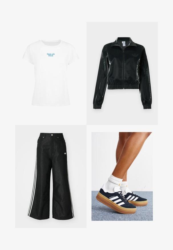 Black glossy cropped jacket with a zip front, high collar, and elasticized hem. Features three stripes on sleeves and a small logo on the chest.; White cotton T-shirt with a round neck and short sleeves. Text on front reads "Drinks with Friends" in blue. Casual fit with smooth texture.; Black wide-leg denim pants with three white stripe accents on each side and a small white logo. Features front pockets and a button closure.; Black suede sneakers with white stripes and accents, rounded toe, gum rubber outsole, paired with white ribbed crew socks.