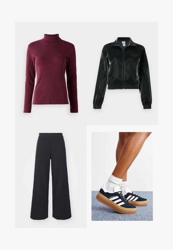 Chaqueta corta negra brillante con cremallera en el frente, cuello alto y dobladillo elástico. Presenta tres rayas en las mangas y un pequeño logo en el pecho.; Jersey de cuello cisne de manga larga burdeos hecho de tejido acanalado, con un diseño ajustado y un pequeño logo bordado en el delantero.; Pantalones de chándal negros de pierna ancha, hechos de una tela suave, con una cintura elástica y un pequeño logo en el lado izquierdo.; Zapatillas deportivas de gamuza negra con rayas y detalles blancos, puntera redondeada, suela de goma color caramelo, combinadas con calcetines blancos acanalados a la altura del tobillo.