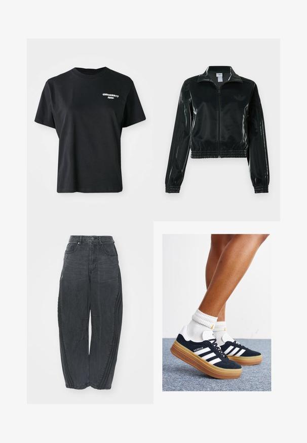 Fekete, fényes rövidített dzseki cipzárral az elején, magas gallérral és elasztikus szegéllyel. Három csík díszíti az ujjakat, és kis logó található a mellrészen.; Fekete pamut póló kerek nyakkal és rövid ujjakkal. A bal mellkasi részen fehér grafikai logó található.; Laza fekete farmernadrág, elhalványodott felülettel, öt zsebbel, derék gombos záródással és varrásokkal az elején és az oldalán.; Fekete velúr sportcipő fehér csíkokkal és díszítésekkel, lekerekített orral, gumitalpú külső résszel, fehér bordázott bokazoknival párosítva.