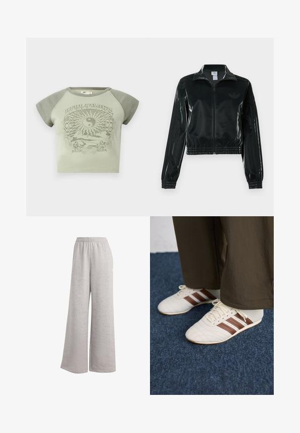 Čierna lesklá skrátená bunda so zipsom vpredu, vysokým golierom a elastickým lemom. Rukávy zdobia tri pruhy a na hrudi je malý logo.; Zelené bavlnené tričko s krátkymi rukávmi, zdobené grafikou yin-yang a prírodnými motívmi v kontrastnom tmavšom zelenom odtieni.; Svetlošedé tepláky s voľným strihom, elastickým pásom a mäkkou textúrou. Obsahujú jemné logo na jednej strane. Neformálny dizajn.; Biele tenisky s hnedými pruhmi nosené s hnedými nohavicami na modrom kobercovom podlahe.