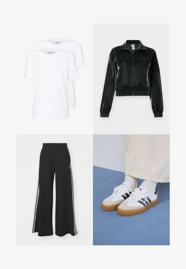 Casaco curto preto brilhante com fecho de correr frontal, gola alta e bainha elástica. Apresenta três riscas nas mangas e um pequeno logotipo no peito.; Weekday ALANIS 2 PACK - T-shirt básica - white; Calças de suor largas e pretas com uma cintura elástica, apresentando riscas brancas nas laterais e um logótipo bordado na coxa esquerda.; Ténis brancos com riscas pretas e detalhes em camurça bege. Apresentam uma sola de borracha texturizada e atacadores brancos lisos, usados com meias de tom claro.