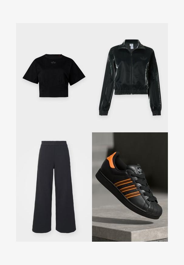 Black glossy cropped jacket with a zip front, high collar, and elasticized hem. Features three stripes on sleeves and a small logo on the chest.; Black cropped t-shirt made of cotton. Features short sleeves and a round neckline. Includes a subtle logo detail on the chest.; Black wide-leg sweatpants made from soft fabric, featuring an elastic waistband and a small logo on the left side.; Black sneaker with orange accents, three horizontal stripes, textured leather upper, rubber toe cap, and black laces.