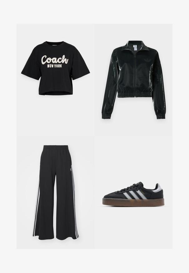 Black glossy cropped jacket with a zip front, high collar, and elasticized hem. Features three stripes on sleeves and a small logo on the chest.; Black cropped t-shirt made of cotton, featuring large white "Coach New York" text on the front and short sleeves. Smooth texture.; Black wide-leg sweatpants with an elastic waistband, featuring white side stripes and an embroidered logo on the left thigh.; Black sneakers with a sleek design, featuring three white stripes, a black tongue, and a textured brown rubber sole. Accents of gold lettering.