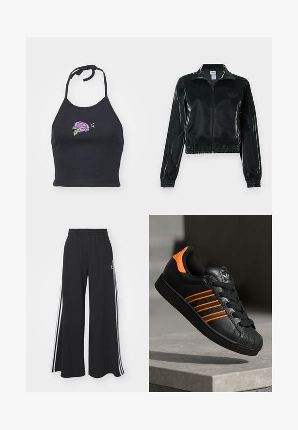 Casaco curto preto brilhante com fecho de correr frontal, gola alta e bainha elástica. Apresenta três riscas nas mangas e um pequeno logotipo no peito.; Top halter preto feito de algodão suave, com uma rosa rosa bordada e folhas verdes. Apresenta uma alça a amarrar e um design ajustado.; Calças de suor largas e pretas com uma cintura elástica, apresentando riscas brancas nas laterais e um logótipo bordado na coxa esquerda.; Sapatilha preta com detalhes laranja, três riscas horizontais, parte superior em couro texturizado, bico de borracha e atacadores pretos.