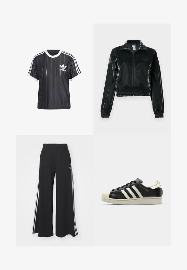 Schwarze glänzende, kurz geschnittene Jacke mit Reißverschluss vorne, hohem Kragen und elastischem Saum. Verfügt über drei Streifen an den Ärmeln und ein kleines Logo auf der Brust.; adidas Originals 3 S TEE - T-Shirt print - black; Schwarze weite Sweatpants mit elastischem Bund, versehen mit weißen Seitestreifen und einem gestickten Logo auf dem linken Oberschenkel.; Schwarze Ledersneaker mit weißen Streifen, Gummikappe, schwarzen Schnürsenkeln und einer cremefarbenen Sohle. Glatte Textur mit glänzender Oberfläche.