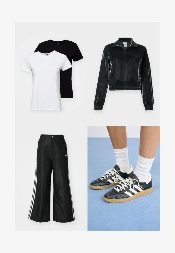 Must läikiv lühike jakk lukuga esiküljel, kõrge krae ja elastse äärega. Varrukatel on kolm triipu ja rinnal väike logo.; Kaks lühikeste varrukatega t-särki: üks valge ja teine must. Valmistatud puuvillast, klassikalise ümmarguse kaeluse disainiga, millel on sile tekstuur.; Mustad mustadeline denimipüksid, millel on kummalgi küljel kolm valget triipu ja väike valge logo. Omab esikotte ja nööbiga kinnihoidmist.; Mustad nahast tennisetossud valgete triipudega, ümar nina, valged paelad ja kummist tallad. Esiletõstetud pehmendatud krae ja brändingu detailid.