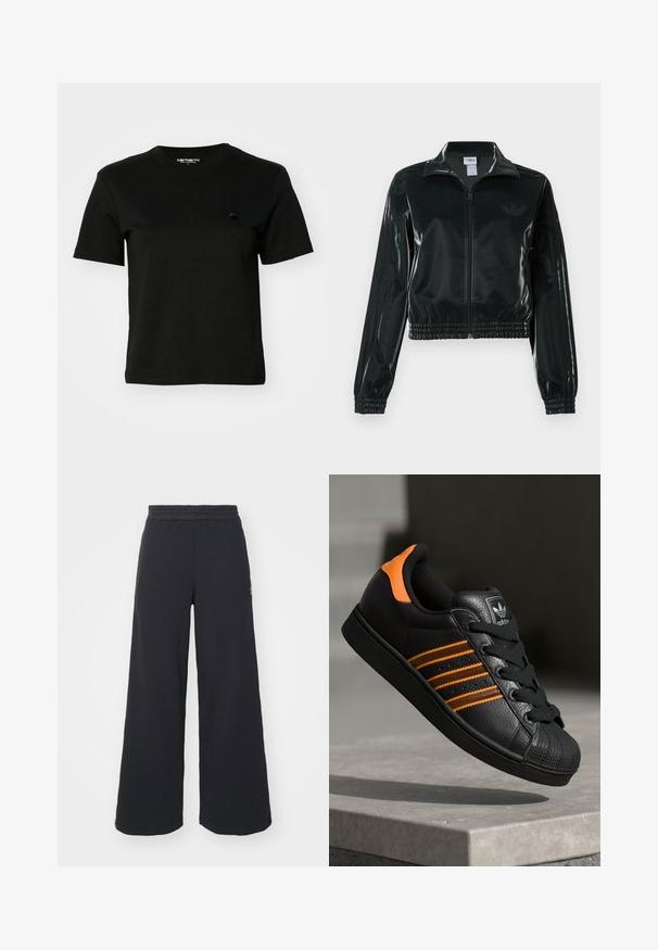Black glossy cropped jacket with a zip front, high collar, and elasticized hem. Features three stripes on sleeves and a small logo on the chest.; Black T-shirt made of cotton. Short sleeves and a crew neckline. Features a small, dark logo on the left chest. Simple, classic design.; Black wide-leg sweatpants made from soft fabric, featuring an elastic waistband and a small logo on the left side.; Black sneaker with orange accents, three horizontal stripes, textured leather upper, rubber toe cap, and black laces.