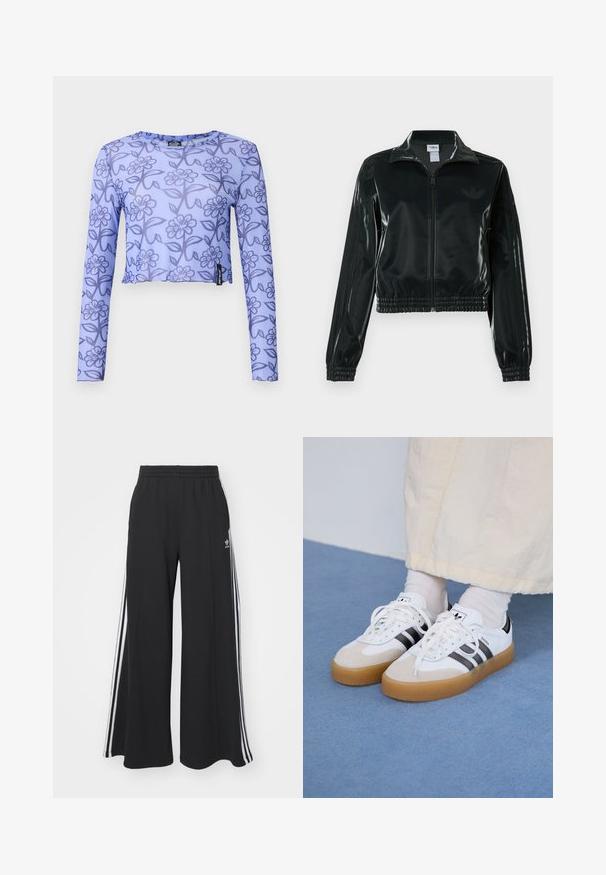 Fekete, fényes rövidített dzseki cipzárral az elején, magas gallérral és elasztikus szegéllyel. Három csík díszíti az ujjakat, és kis logó található a mellrészen.; Rövidített, hosszú ujjú, világoslila hálós felső sötét virágmintával, kerek nyakkivágással és derék fölé érő szegéllyel.; Fekete, bő szárú melegítőnadrág, rugalmas derékkal, fehér oldalsávokkal és hímzett logóval a bal combon.; Fehér sportcipő fekete csíkokkal és bézs velúr részletekkel. Texturált gumi talppal és lapos fehér fűzőkkel rendelkezik, világos színű zoknival viselve.