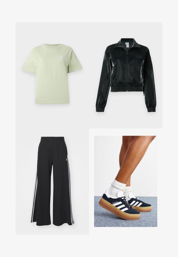 Jachetă neagră lucioasă, scurtă, cu fermoar frontal, guler înalt și tiv elastic. Are trei dungi pe mâneci și un mic logo pe piept.; Tricou din bumbac verde deschis, cu guler rotund, mâneci scurte și un print grafic circular pe piept. Textură moale, croi lejer.; Pantaloni de trening negri cu croială largă, prevăzuți cu un brâu elastic, având dungi laterale albe și un logo brodat pe coapsa stângă.; Adidași negri din piele întoarsă cu dungi și accente albe, vârf rotund, talpă de cauciuc gumă, asortați cu șosete albe cu model nervurat.