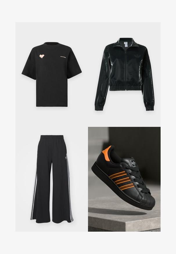 Chaqueta corta negra brillante con cremallera en el frente, cuello alto y dobladillo elástico. Presenta tres rayas en las mangas y un pequeño logo en el pecho.; Camiseta de algodón negra con mangas cortas, cuello redondo, que presenta un gráfico de un corazón rosa y el texto "PEGAADOR" en la parte delantera.; Pantalones de chándal negros de pierna ancha con una cinturilla elástica, que presentan franjas blancas a los lados y un logo bordado en el muslo izquierdo.; Zapatilla negra con acentos naranjas, tres franjas horizontales, parte superior de cuero texturizado, punta de goma y cordones negros.