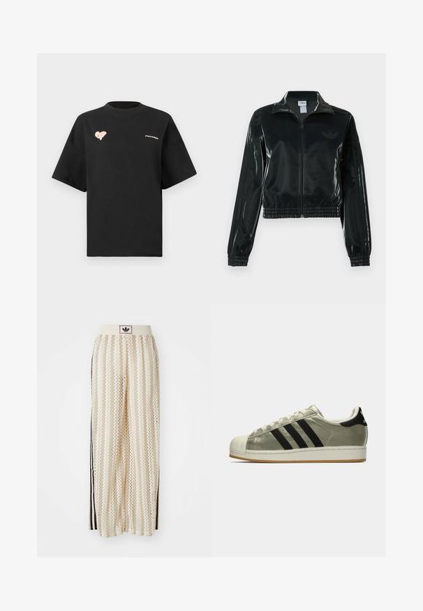 Chaqueta corta negra brillante con cremallera en el frente, cuello alto y dobladillo elástico. Presenta tres rayas en las mangas y un pequeño logo en el pecho.; Camiseta de algodón negra con mangas cortas, cuello redondo, que presenta un gráfico de un corazón rosa y el texto "PEGAADOR" en la parte delantera.; Pantalones de pierna ancha en color crema con un patrón en zigzag, que cuentan con una cinturilla con logo negro y franjas negras en los laterales. Tejido ligero y texturizado.; Zapatillas Adidas con parte superior metálica color oliva, tres rayas negras, puntera de goma y suela de goma. Diseño clásico con tejido texturizado.