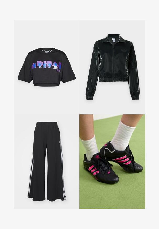 Black glossy cropped jacket with a zip front, high collar, and elasticized hem. Features three stripes on sleeves and a small logo on the chest.; Black cropped t-shirt in lightweight fabric, featuring large purple and blue graphic text and design elements on the front, with short sleeves.; Black wide-leg sweatpants with an elastic waistband, featuring white side stripes and an embroidered logo on the left thigh.; Black athletic shoes with three pink stripes, textured leather upper, black laces, and logo detail, paired with white ribbed socks on green surface.