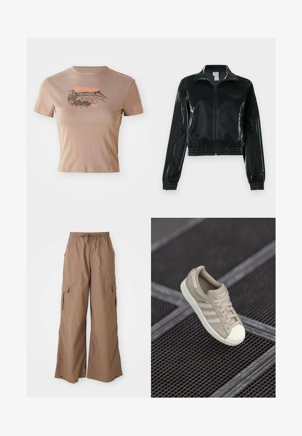 Fekete, fényes rövidített dzseki cipzárral az elején, magas gallérral és elasztikus szegéllyel. Három csík díszíti az ujjakat, és kis logó található a mellrészen.; Barna pamut póló, rövid ujjú, kerek nyakkivágással. Elől az "PARADISE" felirat narancssárga színben, táj és pálmafás grafika díszíti.; Barna, laza szabású cargo nadrág, állítható derékkal és oldalsó zsebekkel, széles lábakkal, fehér háttér előtt bemutatva.; Beige Adidas Superstar sneaker textúrált bőr felsőrésszel, három oldalsó csíkkal, kerek orral és logóval a nyelven és a saroknál.