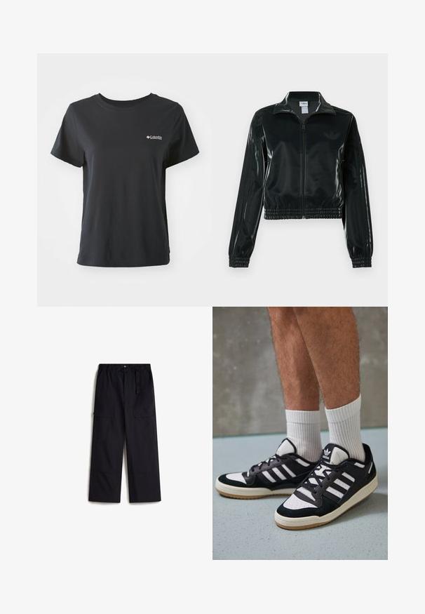 Black glossy cropped jacket with a zip front, high collar, and elasticized hem. Features three stripes on sleeves and a small logo on the chest.; Black cotton t-shirt with short sleeves, round neckline, and small white Columbia Sportswear logo on the left chest area.; Black cargo pants with an elastic waistband, adjustable belt, and two side pockets. Made from a lightweight, textured fabric.; Black and white sneakers with a suede and leather upper, featuring three white stripes, a perforated toe, and a gum rubber sole.