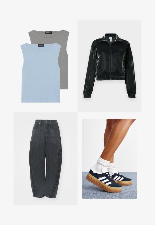 Schwarze glänzende, kurz geschnittene Jacke mit Reißverschluss vorne, hohem Kragen und elastischem Saum. Verfügt über drei Streifen an den Ärmeln und ein kleines Logo auf der Brust.; Zwei ärmellose Oberteile in Hellblau und Grau. Aus weichem Stoff gefertigt mit rundem Halsausschnitt und geradem Saum. Etikett auf beiden Oberteilen sichtbar.; Lockere schwarze Denim-Jeans mit einem verblassten Finish, fünf Taschen, einem Knopfverschluss an der Taille und gestickten Details an der Vorderseite und den Seiten.; Schwarze Wildledersneaker mit weißen Streifen und Akzenten, rundlicher Zehenbereich, Sohlen aus braunem Gummi, kombiniert mit weißen, gerippten Sneakersocken.