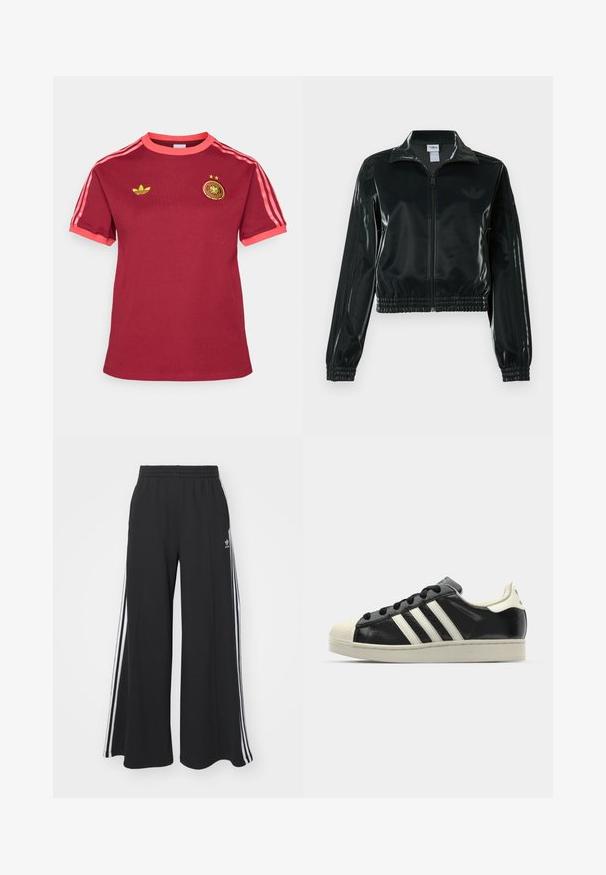 Melna spīdīga īsā jaka ar rāvējslēdzēja priekšpusi, augstu apkakli un elastīgu apakšu. Piedevas ir trīs svītras uz piedurknēm un neliels logotips uz krūtīm.; Bordo īsām piedurknēm T-krekls izgatavots no kokvilnas. Izceļas ar rozā akcentiem uz apkakles un piedurknēm, kā arī ar dzelteno Adidas logo, kuram apkārt ir zvaigznes un emblēma.; Melnas plašas sporta bikses ar elastīgu jostasvietu, kurām ir baltas sānu svītras un izšūts logo kreisajā augšstilbā.; Melna ādas sporta apava ar baltām svītrām, gumijas purngala aizsardzību, melnām auklām un krēma krāsas zoli. Gluda tekstūra ar spīdīgu apdari.