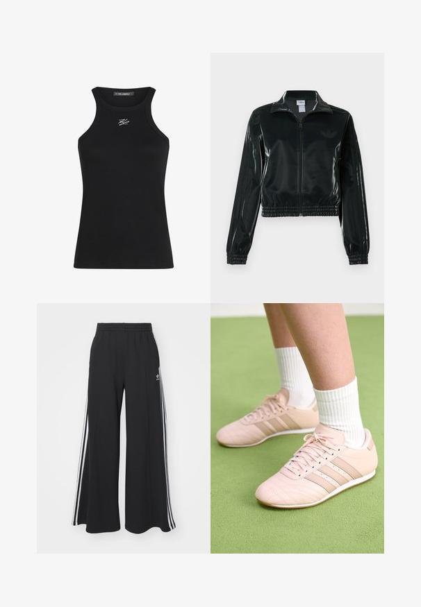 Czarna błyszcząca krótka kurtka na zamek błyskawiczny z przodu, z wysokim kołnierzem i elastycznym wykończeniem na dole. Na rękawach znajdują się trzy paski, a na piersi małe logo.; Czarna ribuowana koszulka na ramiączkach z okrągłym dekoltem i wąskimi ramiączkami. Posiada małe białe logo na piersi.; Czarne szerokie spodnie dresowe z elastycznym pasem, z białymi paskami po bokach i haftowanym logo na lewej udzie.; Jasnoróżowe buty sportowe z ukośnym przeszyciem, białymi podeszwami i trzema bocznymi paskami. Noszone z prążkowanymi białymi skarpetami na zielonej powierzchni.