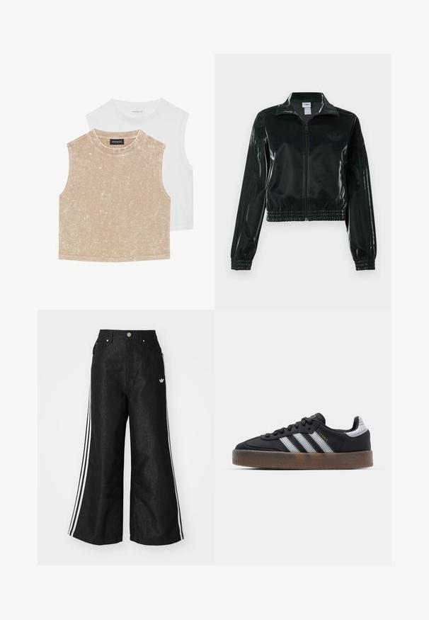 Crna sjajna kratka jakna s patentnim zatvaračem sprijeda, visokim ovratnikom i porubom s elastikom. Na rukavima ima tri pruge i mali logo na prsima.; Dva bezrukavih crop topa: jedan nježan bež boje s teksturiranom površinom i jedan glatki bijeli. Oboje imaju okrugli izrez i šivene rubove.; Crne široke traper hlače s tri bijele pruge sa svake strane i malim bijelim logom. Ima prednje džepove i preklop s gumbom.; Crne tenisice s elegantnim dizajnom, s tri bijele pruge, crnim jezikom i teksturiranom smeškom gumom. Akcenti zlatnog natpisanja.