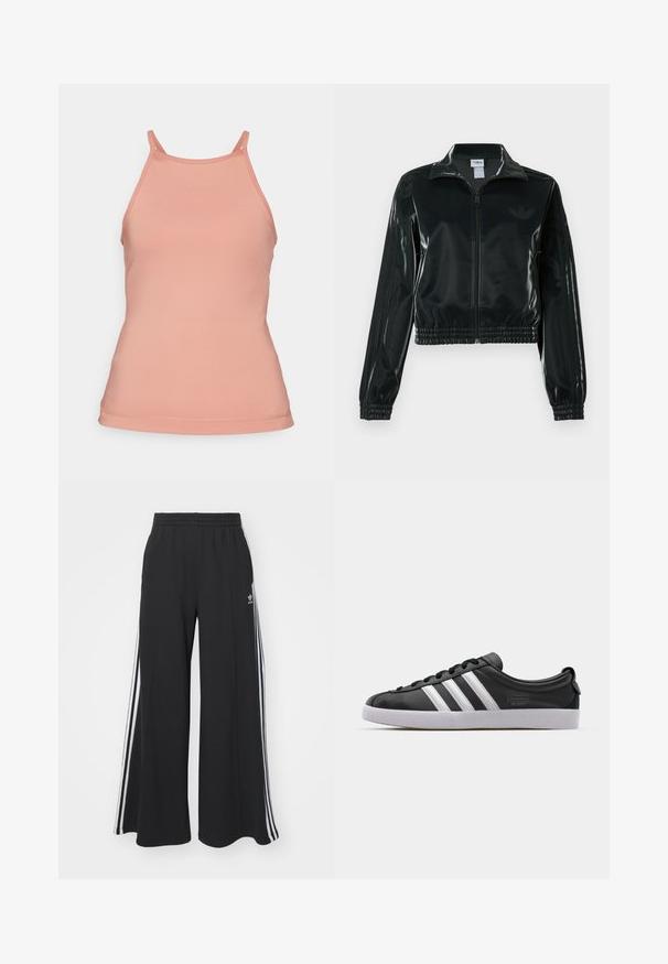Jachetă neagră lucioasă, scurtă, cu fermoar frontal, guler înalt și tiv elastic. Are trei dungi pe mâneci și un mic logo pe piept.; Top de trening de culoare piersică, cu un design ajustat, bretele subțiri și margini fără cusături, fabricat dintr-un material neted și elastic.; Pantaloni de trening negri cu croială largă, prevăzuți cu un brâu elastic, având dungi laterale albe și un logo brodat pe coapsa stângă.; Sneaker din piele neagră cu design cu trei dungi albe, vârf rotund, talpă plată din cauciuc alb și detalii de marcă pe lateral.