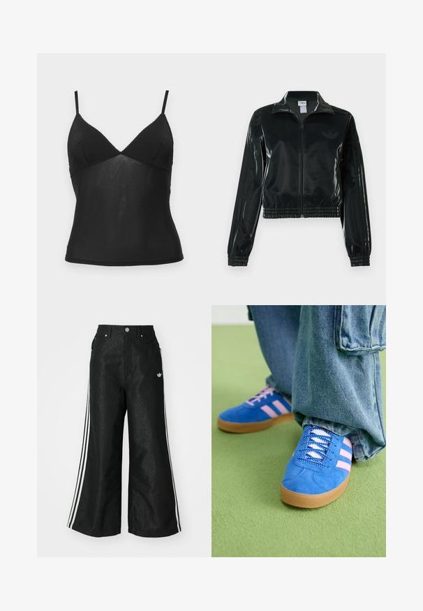 Juoda blizgi trumpa striukė su užtrauktuku priekyje, aukštu apykakliu ir elastine apačia. Rankovėse trys dryžiai ir mažas logotipas ant krūtinės.; BDG Urban Outfitters JE TAMIE CAMI - Viršus - black; Juodos plačios džinsinės kelnės su trimis baltais juostelėmis kiekvienoje pusėje ir mažu baltu logotipu. Yra priekiniai kišenės ir sagčių užsegimas.; Mėlyni zomšiniai bateliai su rožinėmis juostelėmis ir baltais raišteliais, turintys guminį padą, derinami su laisvais džinsiniais kelnais ant žalios paviršiaus.