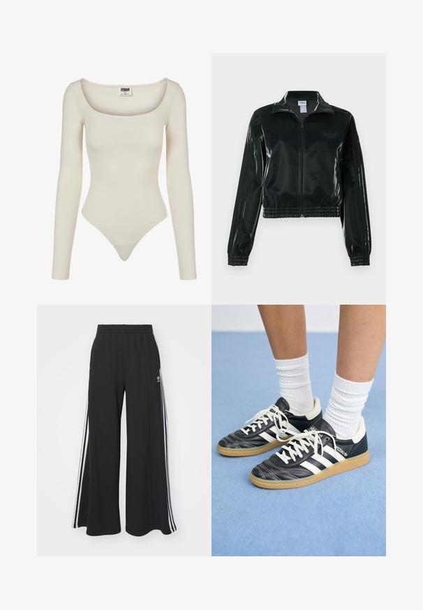 Fekete, fényes rövidített dzseki cipzárral az elején, magas gallérral és elasztikus szegéllyel. Három csík díszíti az ujjakat, és kis logó található a mellrészen.; Beige színű, hosszú ujjú body, mélyen kivágott nyakrésszel és testhez simuló fazonnal. Simább, rugalmas anyagból készült, tangás alsó része van.; Fekete, bő szárú melegítőnadrág, rugalmas derékkal, fehér oldalsávokkal és hímzett logóval a bal combon.; Fekete bőr sportcipők fehér csíkokkal, kerek orral, fehér fűzővel és gumírozott talppal. Párnázott bokarész és márkajelzések emelik ki.