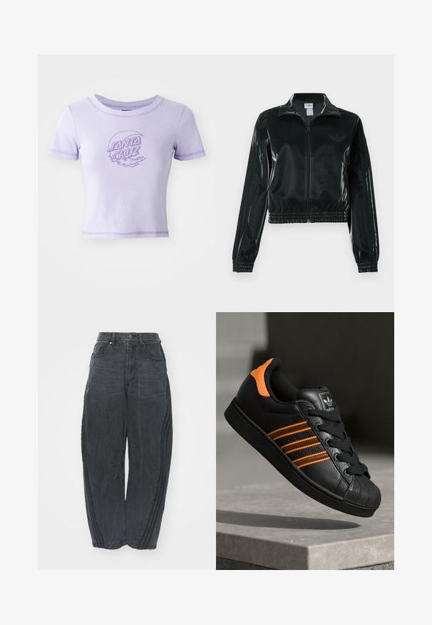 Jachetă neagră lucioasă, scurtă, cu fermoar frontal, guler înalt și tiv elastic. Are trei dungi pe mâneci și un mic logo pe piept.; Tricou ajustat de culoare purpurie, cu mâneci scurte, decolteu rotund și cusături în contrast. Prezintă un design grafic "SANTA CRUZ" pe față.; Blugi negri largi din denim, cu un finisaj decolorat, cinci buzunare, închidere cu nasture la talie și detalii cusute pe față și pe laturi.; Adidași negri cu accente portocalii, trei dungi orizontale, parte superioară din piele texturată, capac de cauciuc pentru vârf și șireturi negre.
