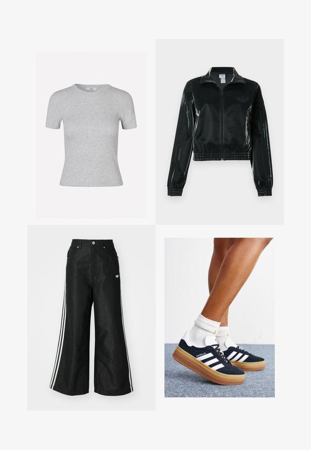 Black glossy cropped jacket with a zip front, high collar, and elasticized hem. Features three stripes on sleeves and a small logo on the chest.; Gray short-sleeve t-shirt with a ribbed texture, round neckline, and a fitted shape, featuring a discreet brand label.; Black wide-leg denim pants with three white stripe accents on each side and a small white logo. Features front pockets and a button closure.; Black suede sneakers with white stripes and accents, rounded toe, gum rubber outsole, paired with white ribbed crew socks.