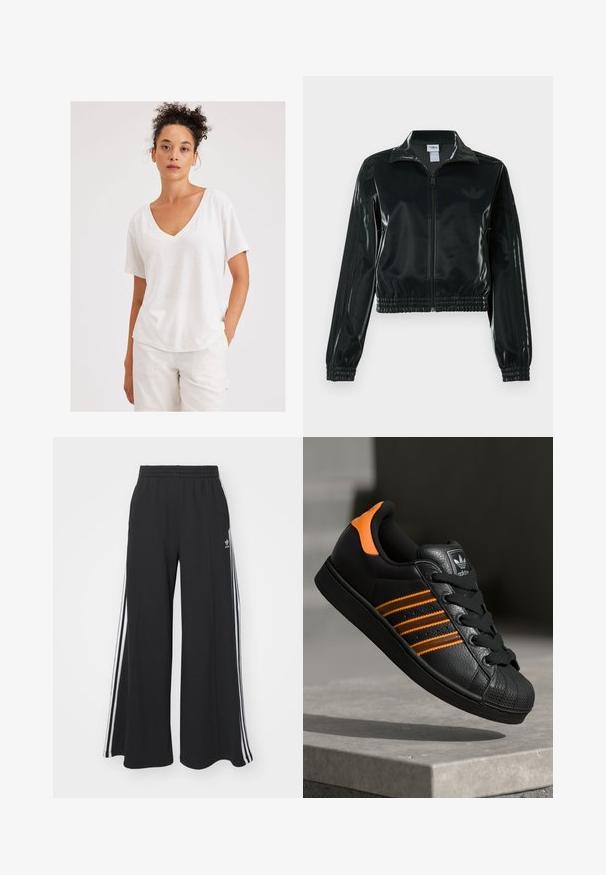 Schwarze glänzende, kurz geschnittene Jacke mit Reißverschluss vorne, hohem Kragen und elastischem Saum. Verfügt über drei Streifen an den Ärmeln und ein kleines Logo auf der Brust.; Weißes Baumwoll-T-Shirt mit V-Ausschnitt, kurzen Ärmeln und lässiger Passform. Texturiertes Material mit einem dezenten melierten Muster.; Schwarze weite Sweatpants mit elastischem Bund, versehen mit weißen Seitestreifen und einem gestickten Logo auf dem linken Oberschenkel.; Schwarze Sneaker mit orangen Akzenten, drei horizontalen Streifen, strukturiertem Lederobermaterial, Gummikappe und schwarzen Schnürsenkeln.