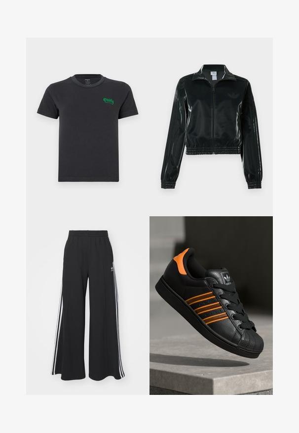 Sort blank cropped jakke med glidelås foran, høy krage og elastisk nederkant. Har tre striper på ermene og en liten logo på brystet.; Svart bomull t-skjorte med rund hals og korte ermer. Har grønt brodert "Obey"-logo på venstre bryst. Enkel design, ingen mønstre.; Svart vide joggebukser med elastisk midjebånd, med hvite sidestriper og brodert logo på venstre lår.; Svart sneaker med oransje detaljer, tre horisontale striper, teksturert skinnoverdel, gummitå, og svarte lisser.