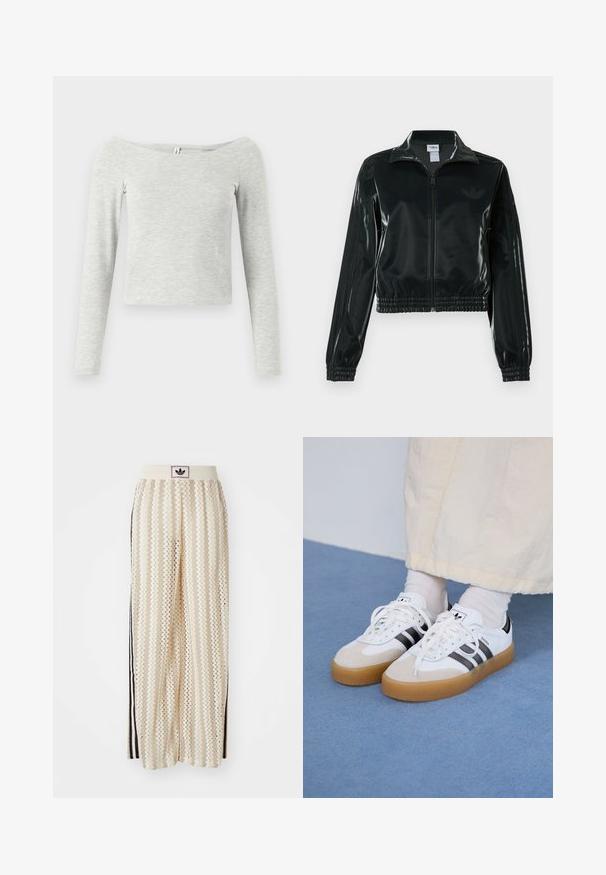 Casaco curto preto brilhante com fecho de correr frontal, gola alta e bainha elástica. Apresenta três riscas nas mangas e um pequeno logotipo no peito.; Camisola cinza de manga longa com um design à mostra dos ombros, feita de tecido leve e suave, apresentando uma silhueta simples e elegante.; Calças largas de cor creme com um padrão em zigzag, apresentando uma cintura com logotipo preto e riscas laterais pretas. Tecido leve e texturizado.; Ténis brancos com riscas pretas e detalhes em camurça bege. Apresentam uma sola de borracha texturizada e atacadores brancos lisos, usados com meias de tom claro.